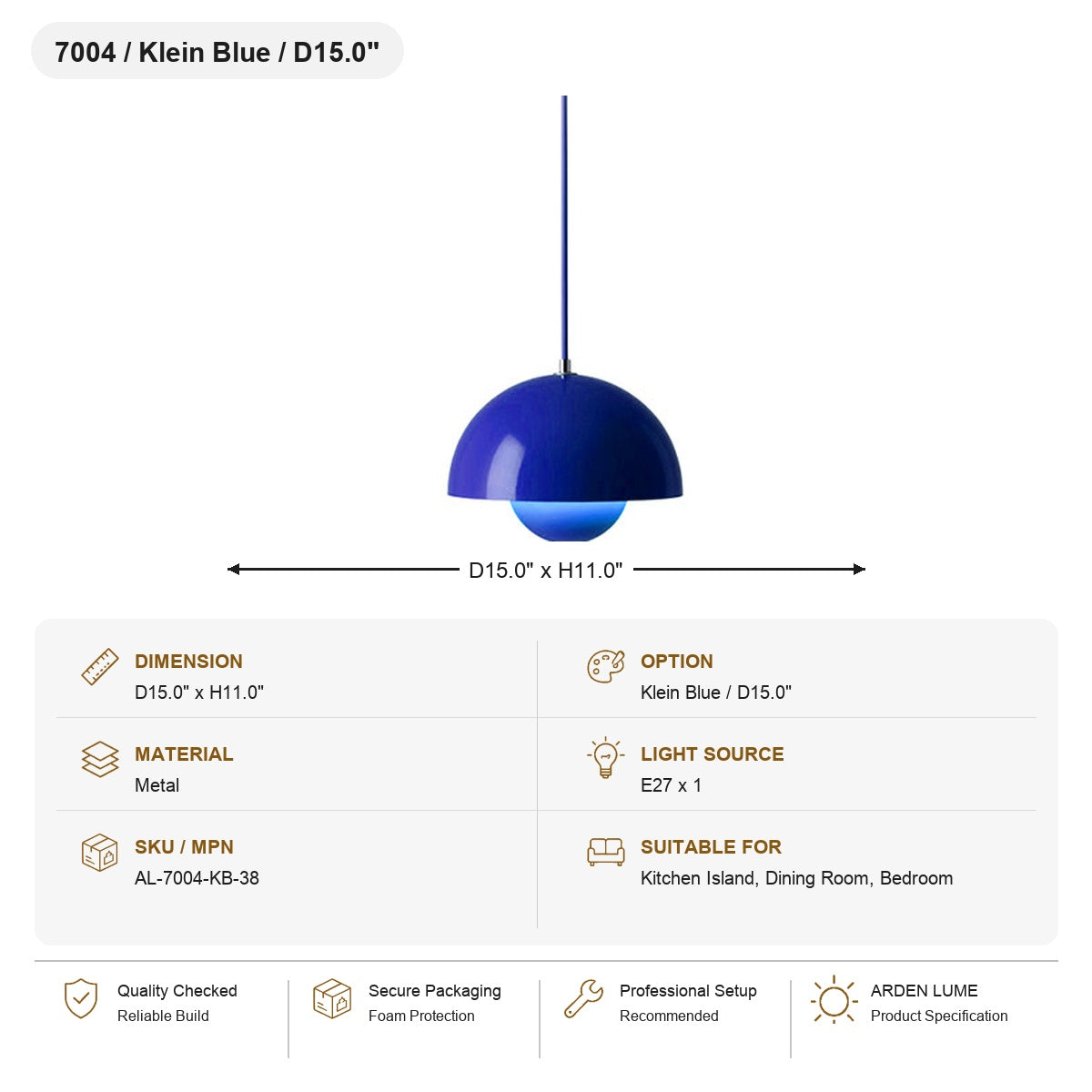 
Flowerpot Dome Pendant Light SKU AL-7004-KB-38
