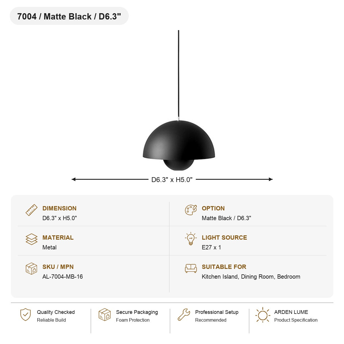 
Flowerpot Dome Pendant Light SKU AL-7004-MB-16