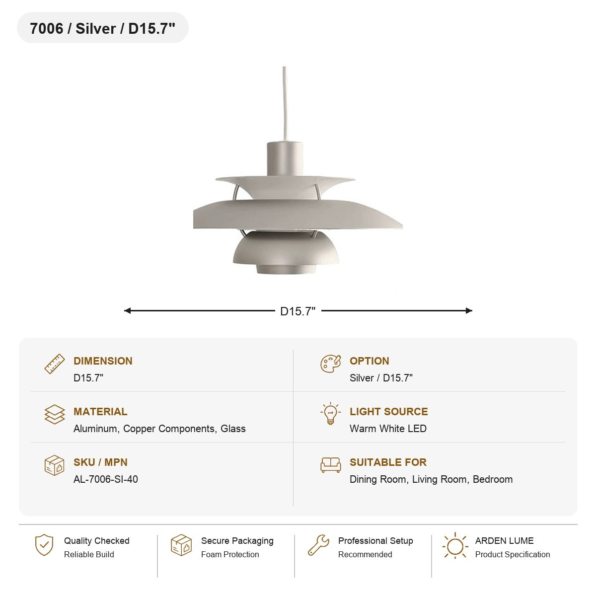 
PH5 Layered Metal Pendant Light SKU AL-7006-SI-40